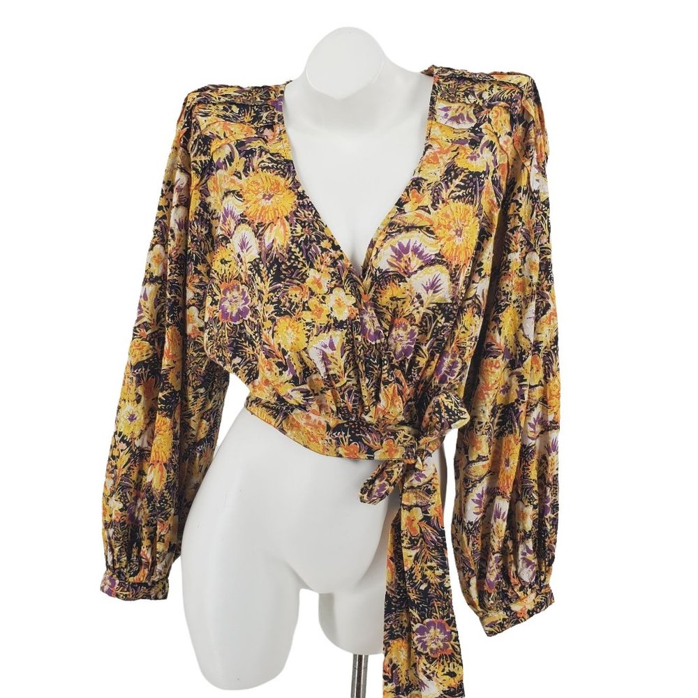 Free People Cool Meadow Print Long Balloon Sleeve Wrap Blouse